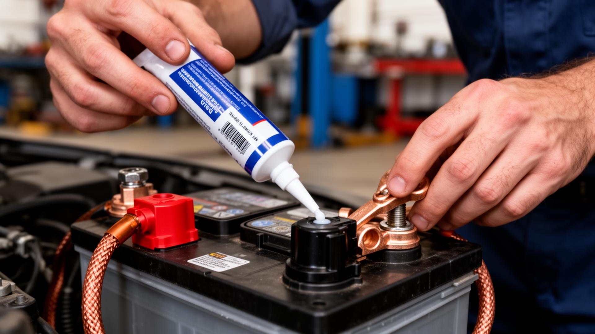 Technician applying dielectric grease to a battery terminal