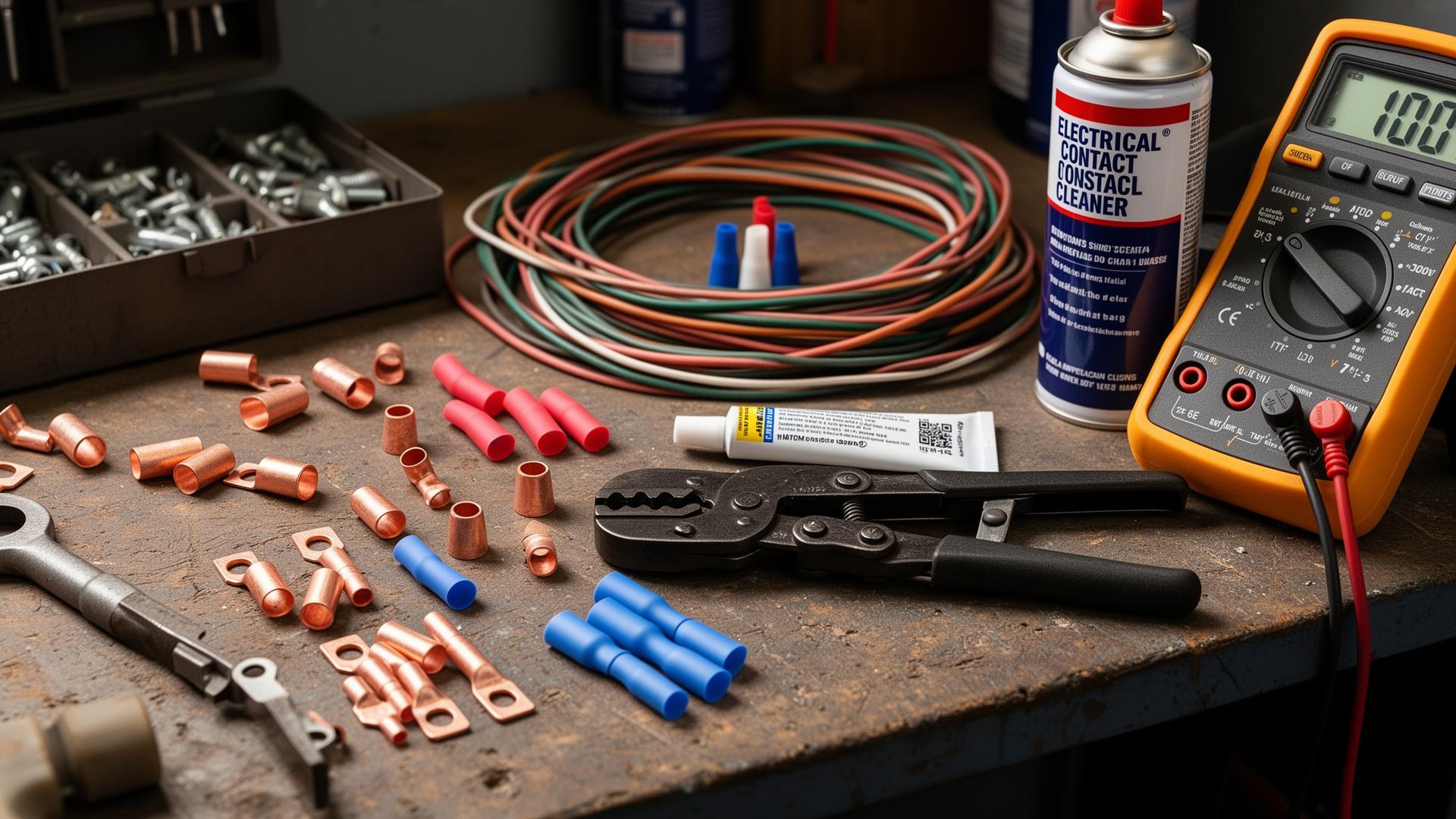 Workbench with copper lugs, crimping tool, contact cleaner, and dielectric grease
