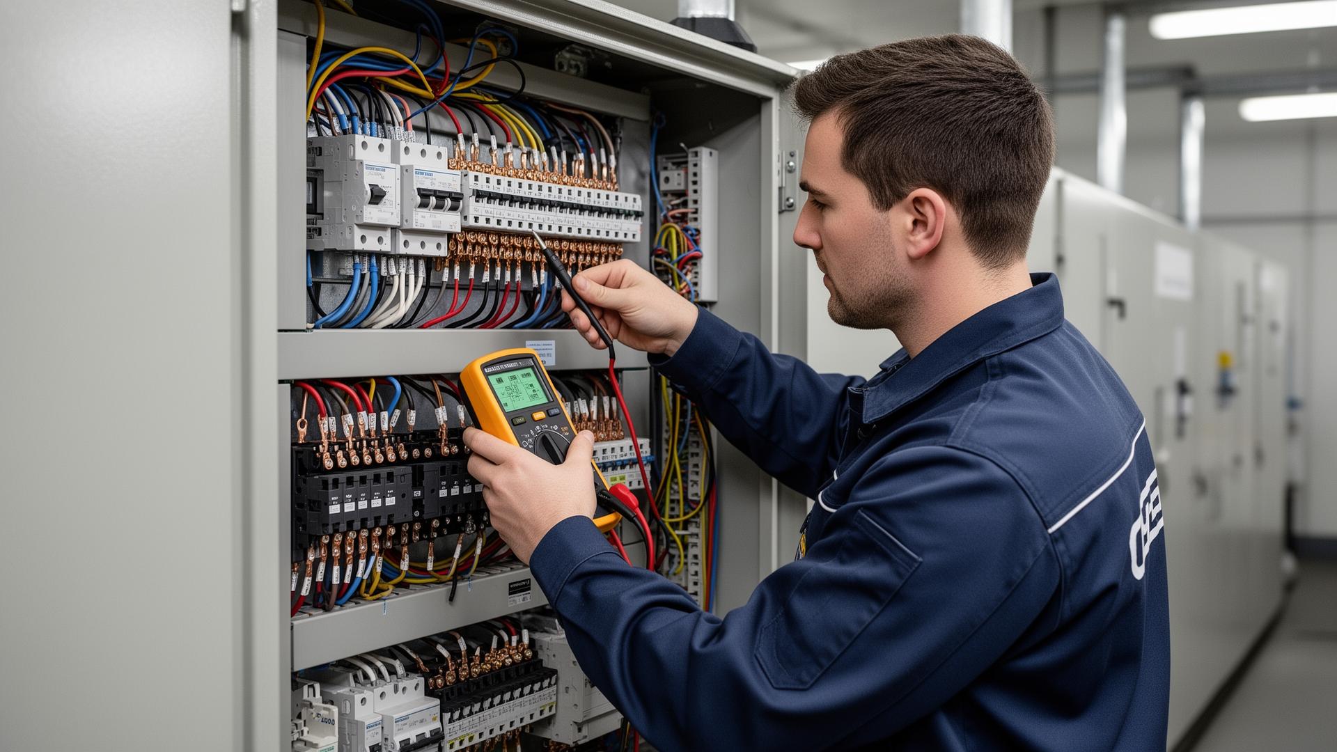 Service technician checking connections on an industrial electrical panel